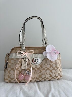 Beige Patterned Satchel Handbag with Pink Accents